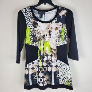 Frank Lyman Design Women's Tunic Top Colorful Abstract Boho Pullover Black Green